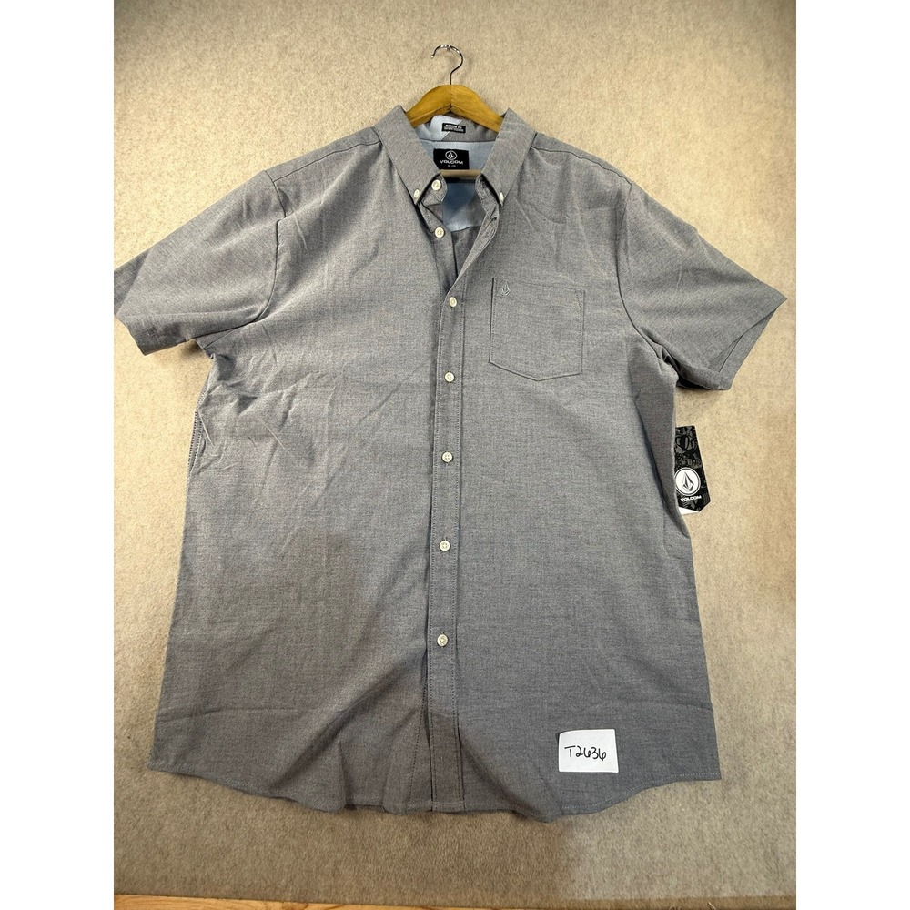 NWT Volcom Mens XXL Short Sleeve Button Down Shirt Gray Modern Fit